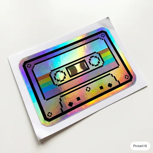 Nano Banana Pro: Holographic-looking sticker of a retro cassette tape with rainbow gradient edges, bold black outline, white background