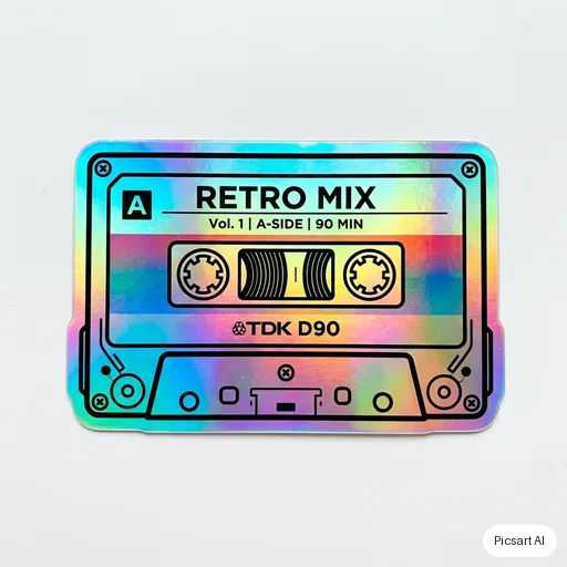 Nano Banana 2: Holographic-looking sticker of a retro cassette tape with rainbow gradient edges, bold black outline, white background