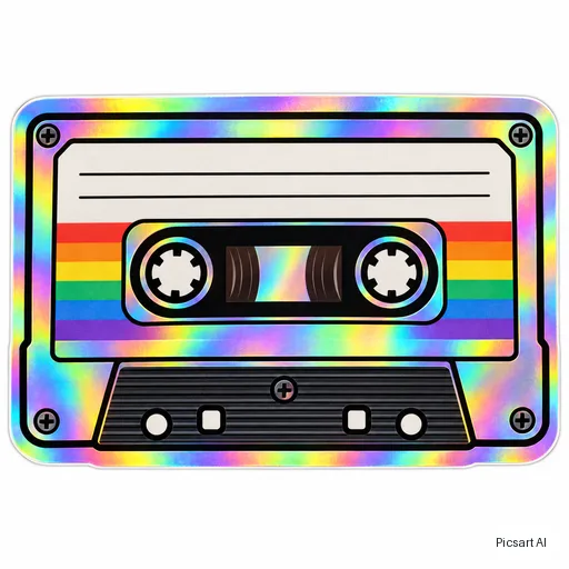 GPT Image 2.5 Sunburst: Holographic-looking sticker of a retro cassette tape with rainbow gradient edges, bold black outline, white background