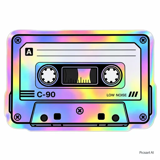 GPT Image 2 output for: Holographic-looking sticker of a retro cassette tape with rainbow gradient edges, bold black outline, white background