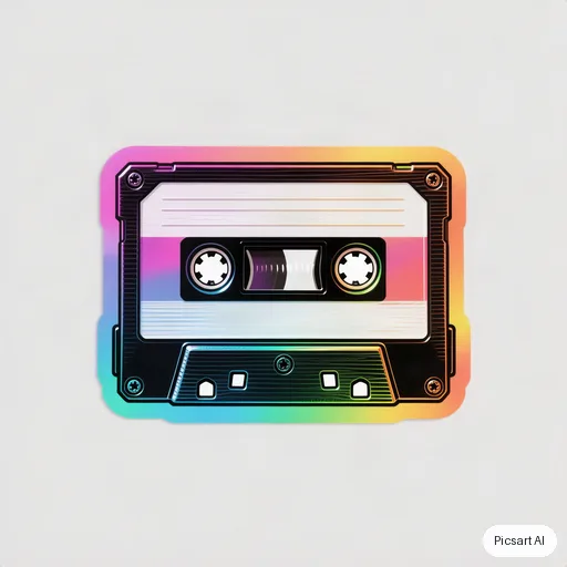 Hunyuan V3: Holographic-looking sticker of a retro cassette tape with rainbow gradient edges, bold black outline, white background