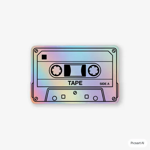 Ideogram 4.5: Holographic-looking sticker of a retro cassette tape with rainbow gradient edges, bold black outline, white background