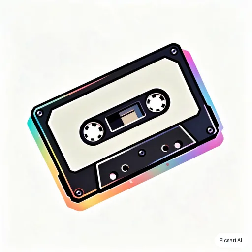Kling 3.0 Image: Holographic-looking sticker of a retro cassette tape with rainbow gradient edges, bold black outline, white background