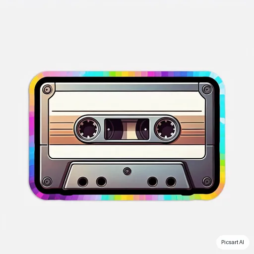 Luma UNI-1: Holographic-looking sticker of a retro cassette tape with rainbow gradient edges, bold black outline, white background