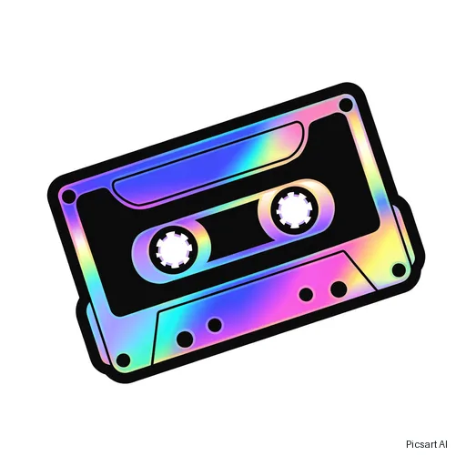 Recraft V4.1: Holographic-looking sticker of a retro cassette tape with rainbow gradient edges, bold black outline, white background