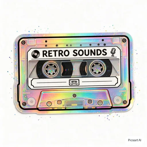 Seedream 5.0 Pro: Holographic-looking sticker of a retro cassette tape with rainbow gradient edges, bold black outline, white background
