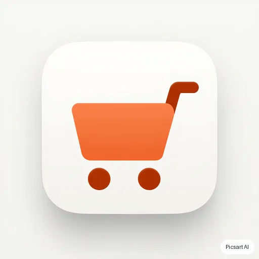 Kling 3.0 Image: A single flat icon of a shopping cart for an e-commerce app, two-tone orange, rounded corners, centred on a plain white background, clean and simple