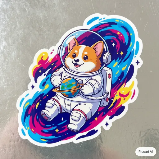 Nano Banana: sticker of a corgi astronaut floating with a tiny planet, thick white die-cut border, vibrant colours, cartoon style