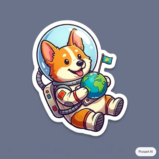 Nano Banana Pro: sticker of a corgi astronaut floating with a tiny planet, thick white die-cut border, vibrant colours, cartoon style