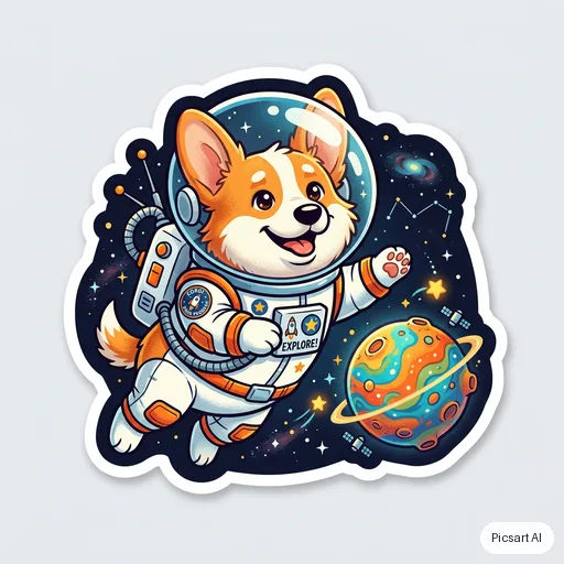 Nano Banana 2: sticker of a corgi astronaut floating with a tiny planet, thick white die-cut border, vibrant colours, cartoon style