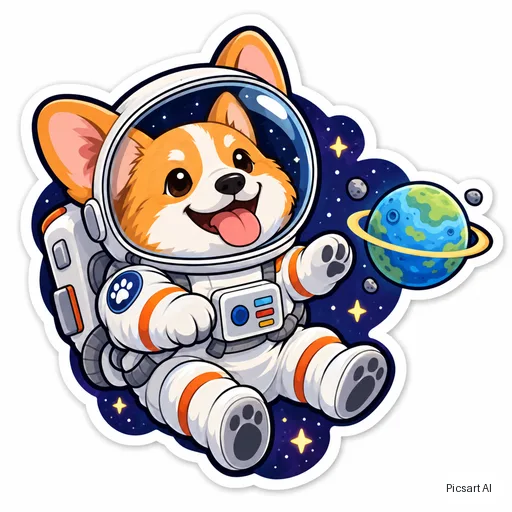 GPT Image 2.5 Sunburst: sticker of a corgi astronaut floating with a tiny planet, thick white die-cut border, vibrant colours, cartoon style