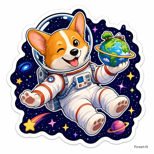 GPT Image 2 output for: sticker of a corgi astronaut floating with a tiny planet, thick white die-cut border, vibrant colours, cartoon style