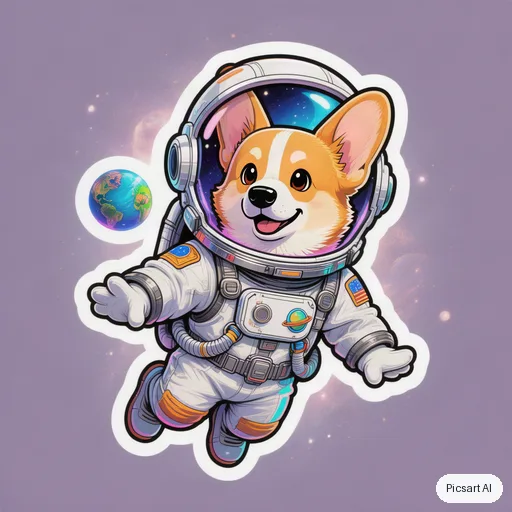 Hunyuan V3: sticker of a corgi astronaut floating with a tiny planet, thick white die-cut border, vibrant colours, cartoon style