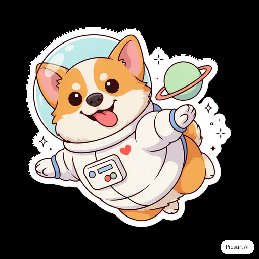 Ideogram 4.5: sticker of a corgi astronaut floating with a tiny planet, thick white die-cut border, vibrant colours, cartoon style