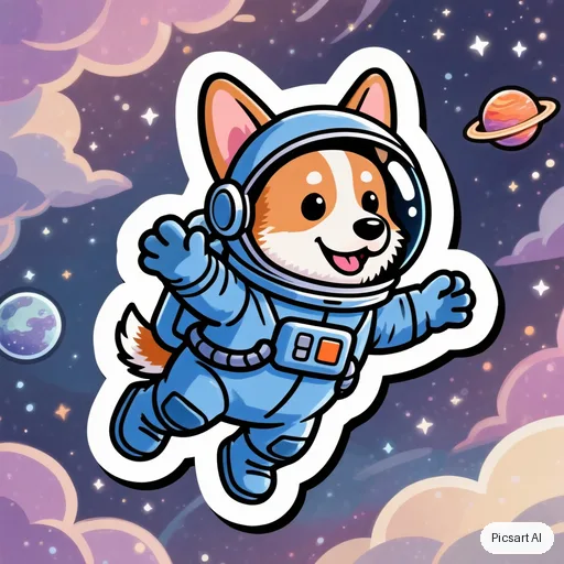 Kling 3.0 Image: sticker of a corgi astronaut floating with a tiny planet, thick white die-cut border, vibrant colours, cartoon style