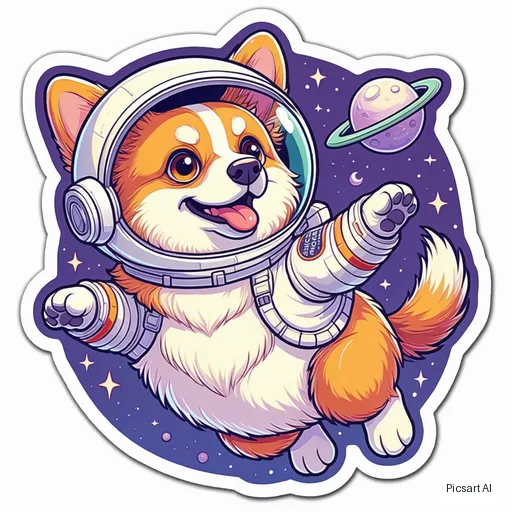 Luma UNI-1: sticker of a corgi astronaut floating with a tiny planet, thick white die-cut border, vibrant colours, cartoon style