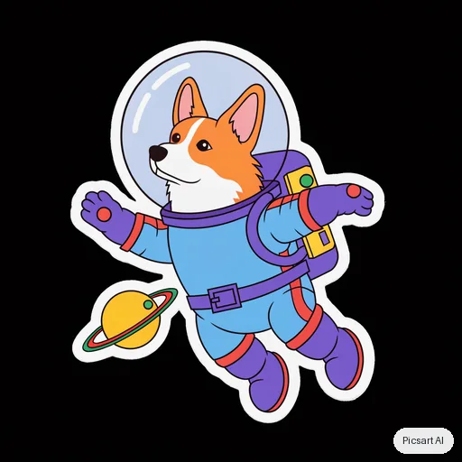 Recraft V4.1: sticker of a corgi astronaut floating with a tiny planet, thick white die-cut border, vibrant colours, cartoon style