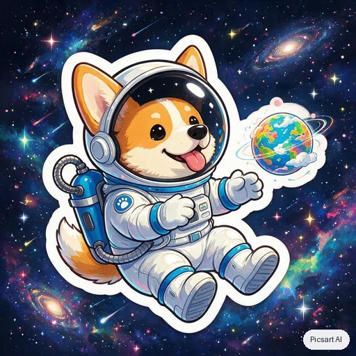 Seedream 5.0 Pro: sticker of a corgi astronaut floating with a tiny planet, thick white die-cut border, vibrant colours, cartoon style